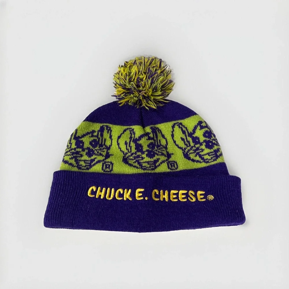 CHUCK E CHEESE WINTER HAT Knit Beanie Cap with POM Ball Mouse Green Purple Youth